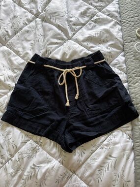 Navy Blue High-Waist Women's Shorts with Cream Rope Drawstring